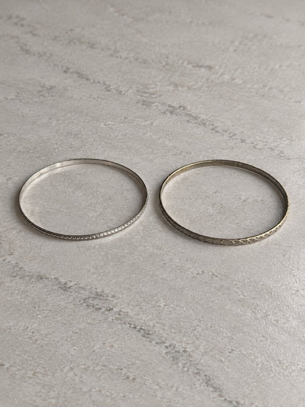 Vintage Silver Tone Bangle Bracelet Set of 2 Stamped Etched Stacking 2.65 & 2.7